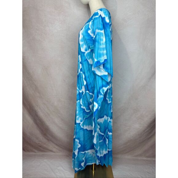 Vintage Hawaiian Kaftan Accordion Pleats Large XL Blue Floral - Picture 4 of 11